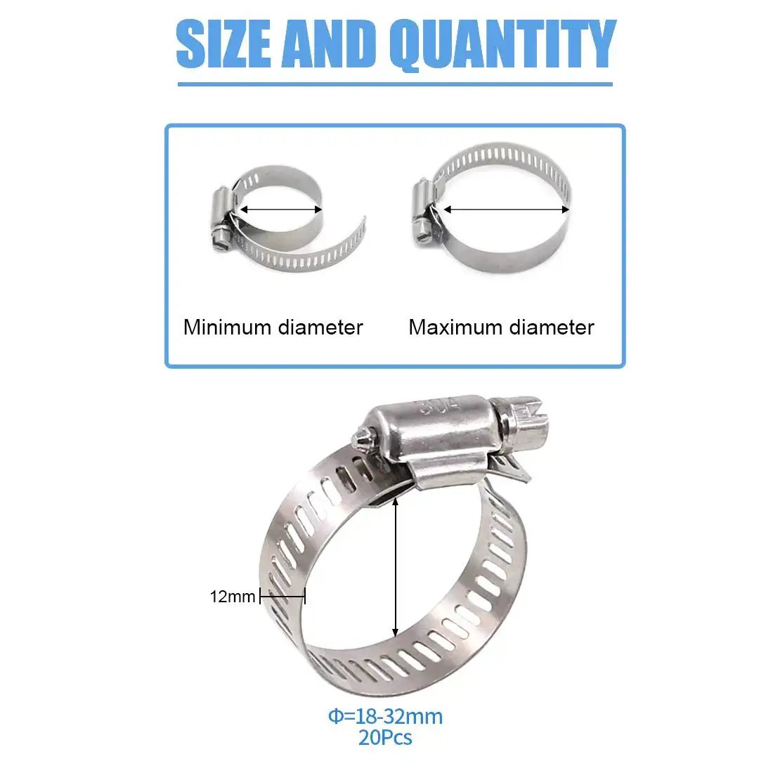 Heavy Duty 20 Pcs 304 Stainless Steel Adjustable Hose Clamps Range 18-32 Mm with Durable 12 Mm Band Width shown in different sizes.