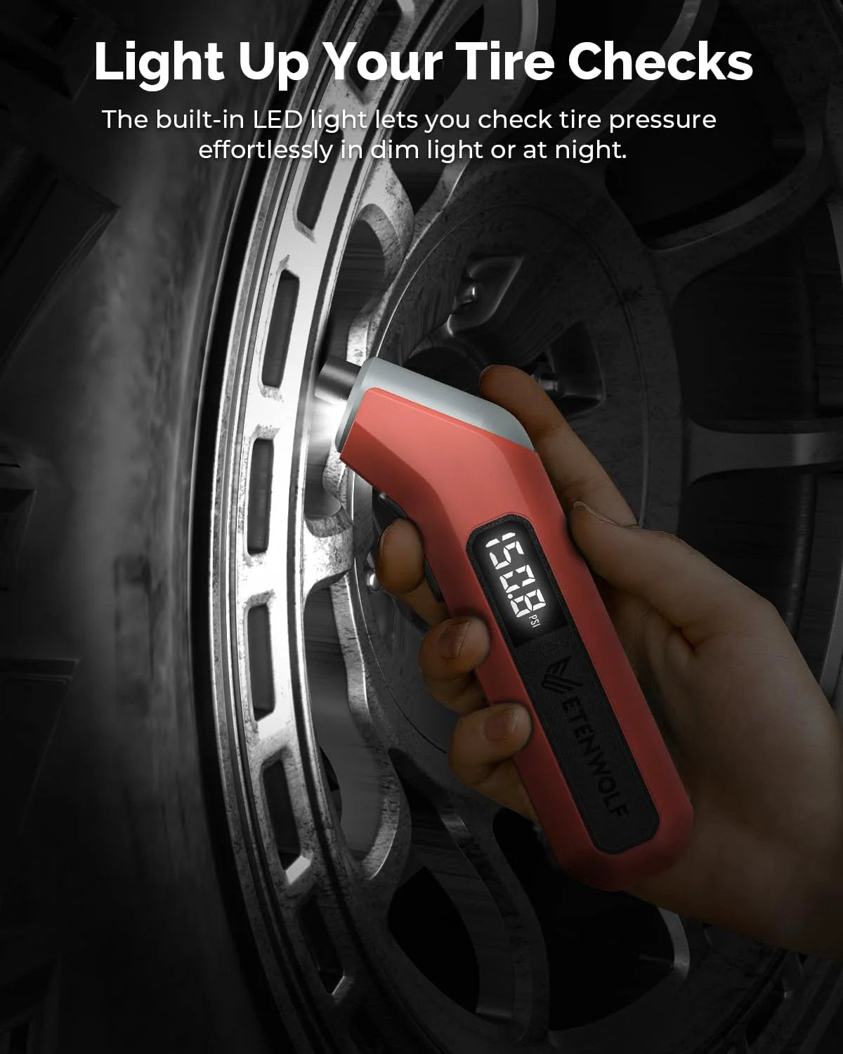 Digital Tire Gauge With Bright LED Display 200 PSI By ETENWOLF T300 Plus Vivid Orange used on car wheel
