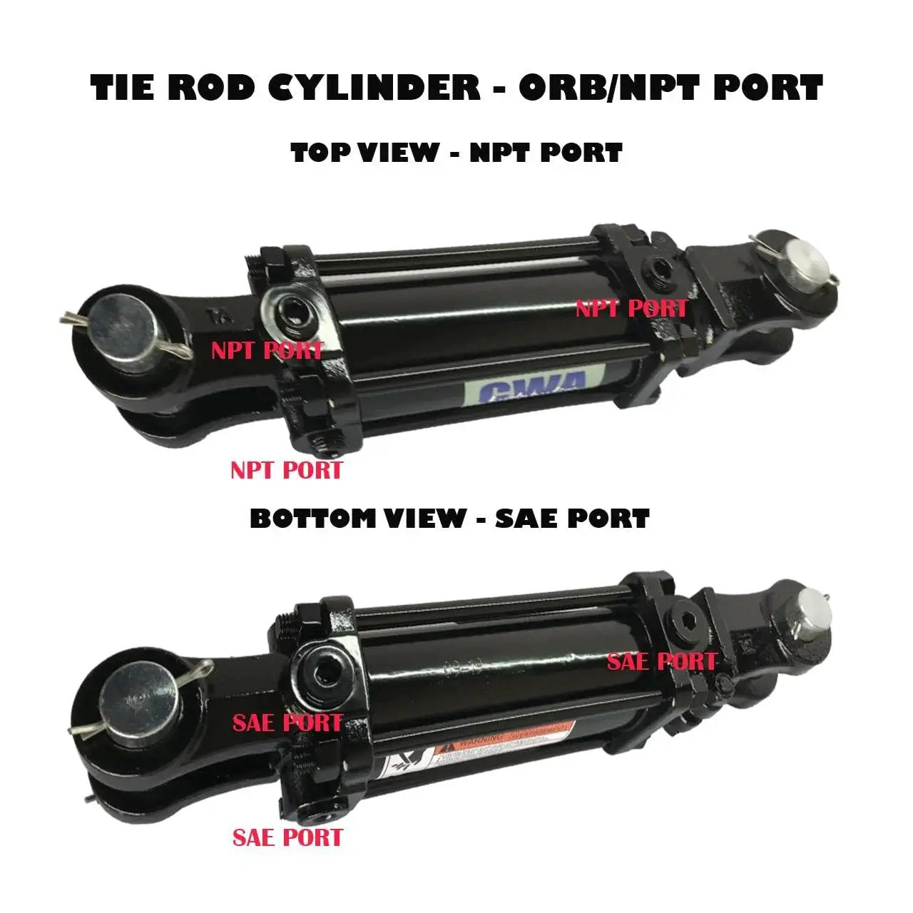 Top and bottom view of Tie Rod Hydraulic Cylinder 3 In Bore 6 In Stroke 1.25 In Rod 2500 PSI with NPT and SAE ports visible.