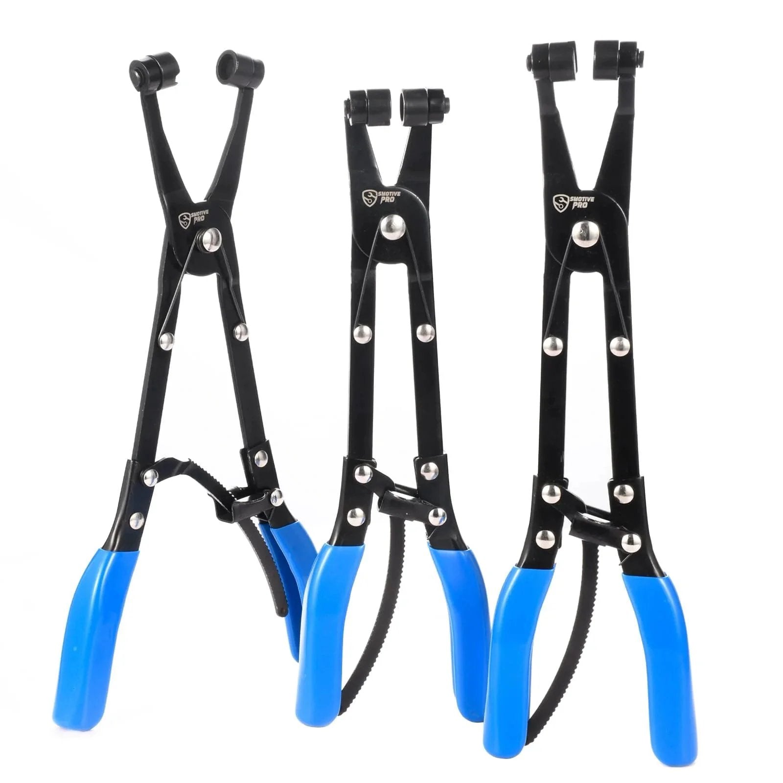 Three Piece Hose Clamp Pliers Set With Locking Assist Featuring 45 Degree 90 Degree And Straight Heads Rotatable Clamp Jaw