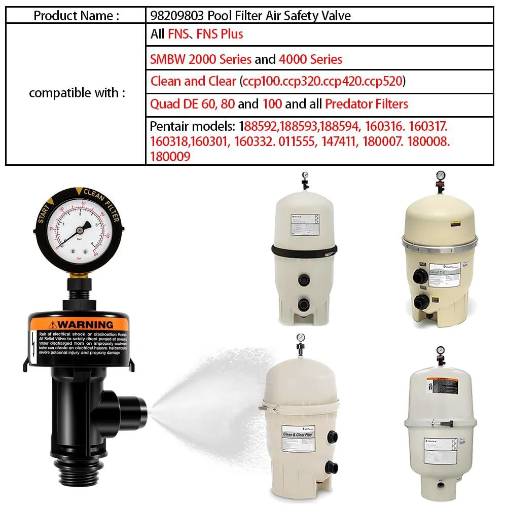 Universal Manual Air Relief Valve For Pool And Spa Filters With Pressure Gauge Replacement Easy No Tool Install Compatible With Hayward Pentair And More ARF 2 displayed with filter compatibility chart.