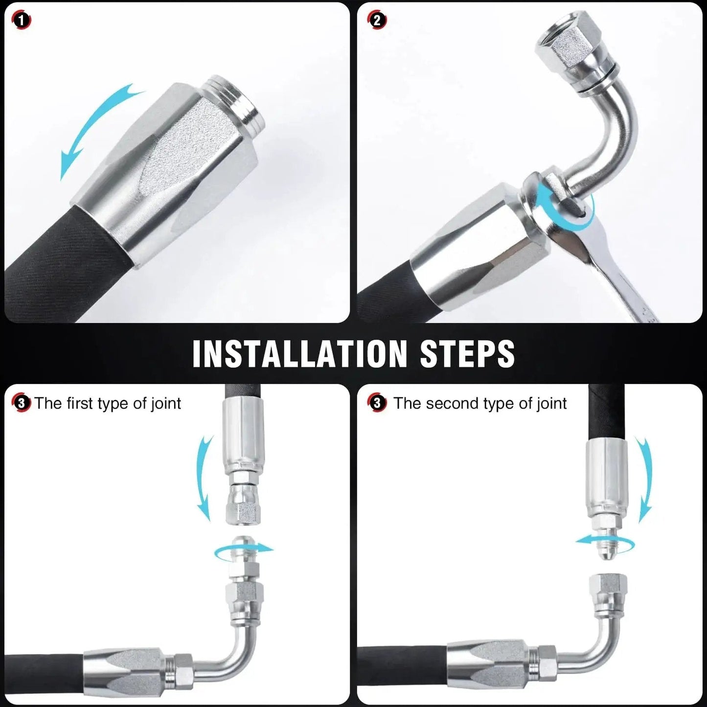 Installation steps for Three Pack 90 Degree Hydraulic Hose Field Repair Kit For One Quarter Three Eighths And One Half Inch Inner Diameters