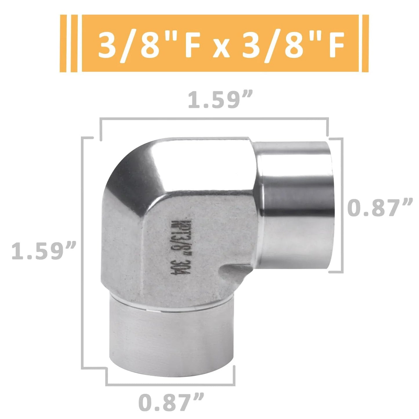 Stainless Steel 304 3/8 NPT Female to 3/8 NPT Female 90 Degree Street Elbow Fittings Pack of 2, dimensions shown.