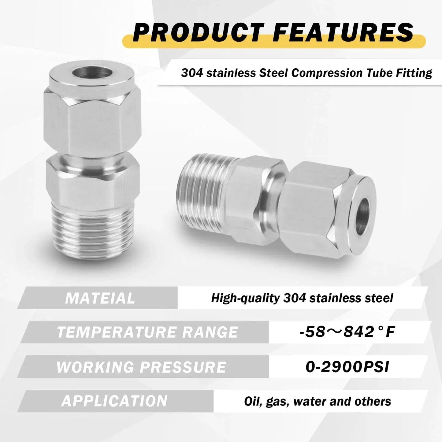 Stainless Steel 304 Compression Tubing Fitting Straight Adapter With Twin Ferrules, Three Eighths Inch OD To Three Eighths Inch NPT Male