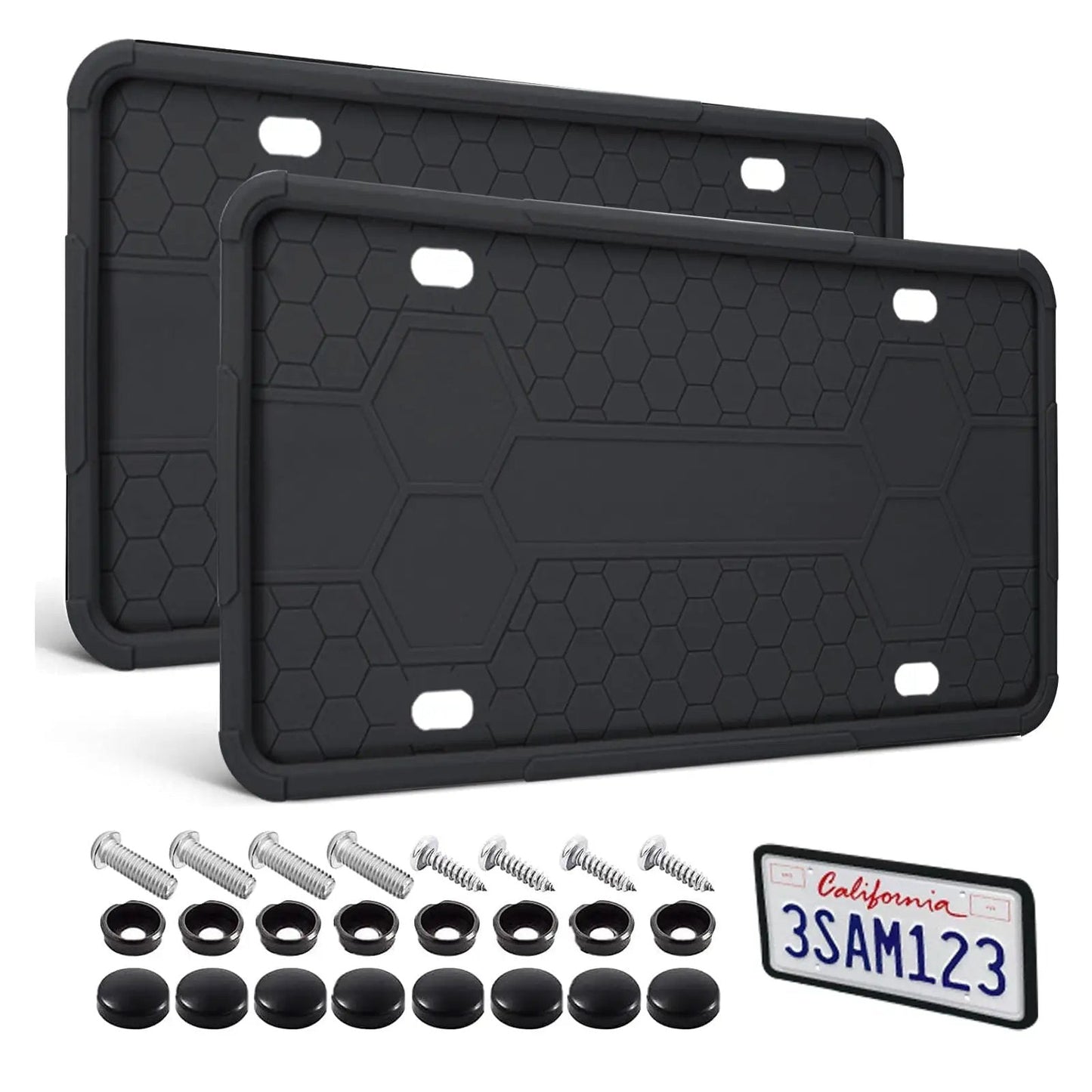 Silicone License Plate Frame 2 Pack For Cars And SUVs, Universal Black Plate Holder, Rustproof Weatherproof design with bolts