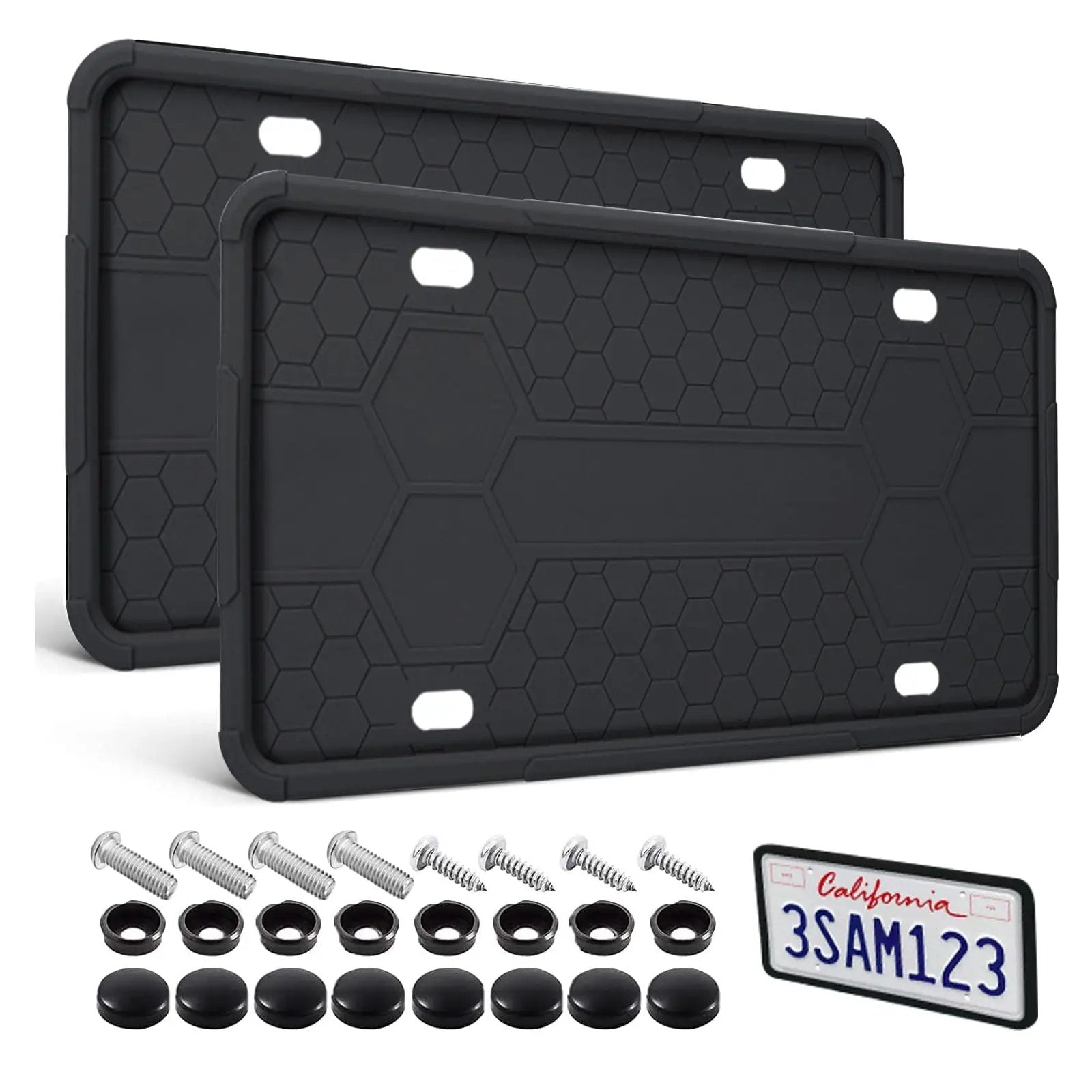 Silicone License Plate Frame 2 Pack For Cars And SUVs, Universal Black Plate Holder, Rustproof Weatherproof design with bolts