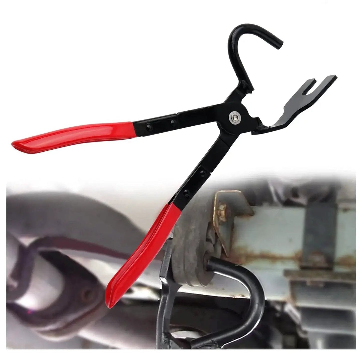 Exhaust Hanger Removal Tool With 25 Degree Offset Design and Non Slip Pliers in use on vehicle undercarriage hanger