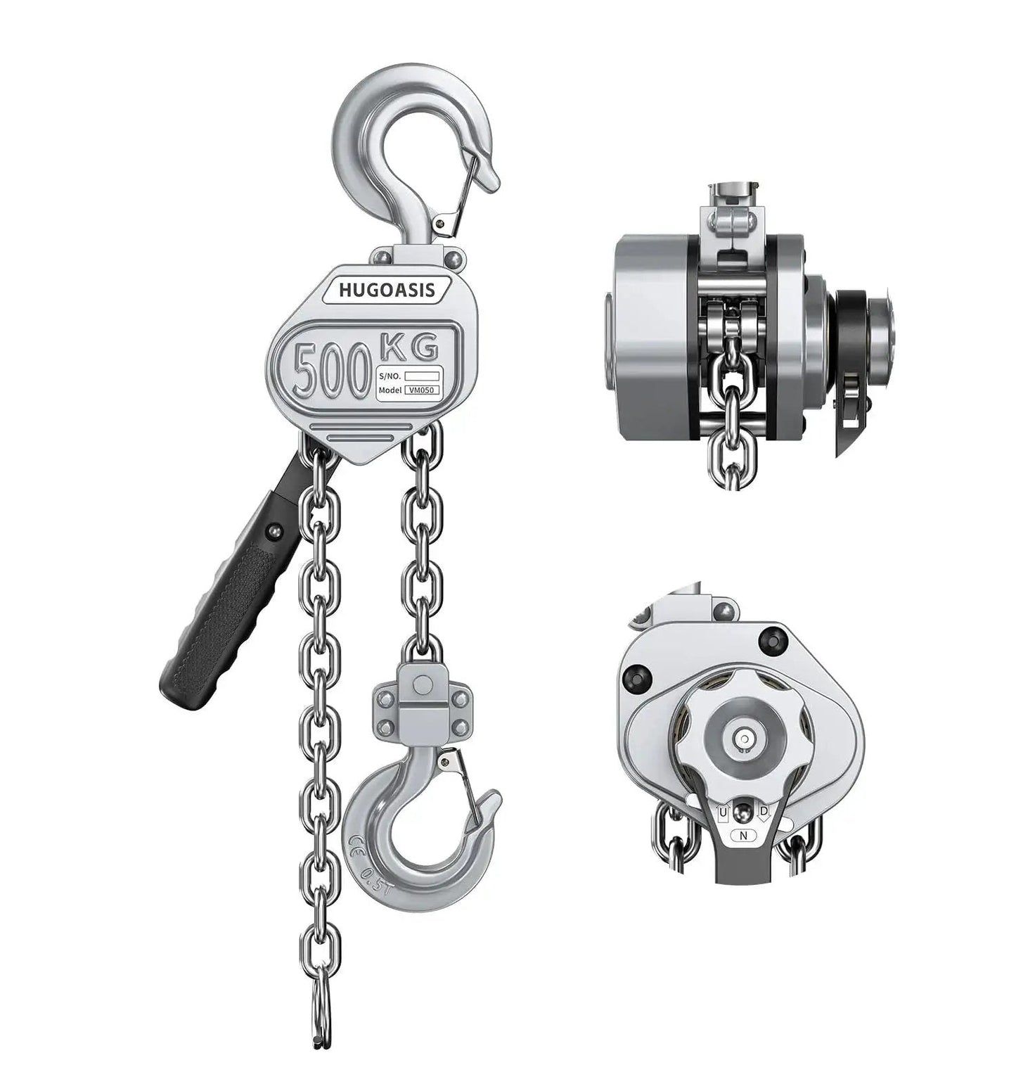 Mini Lever Hoist Half Ton Ratchet Chain 10 Ft Aluminum G80 Dual Brake Puller, front, side, and bottom views showing chain and hooks.