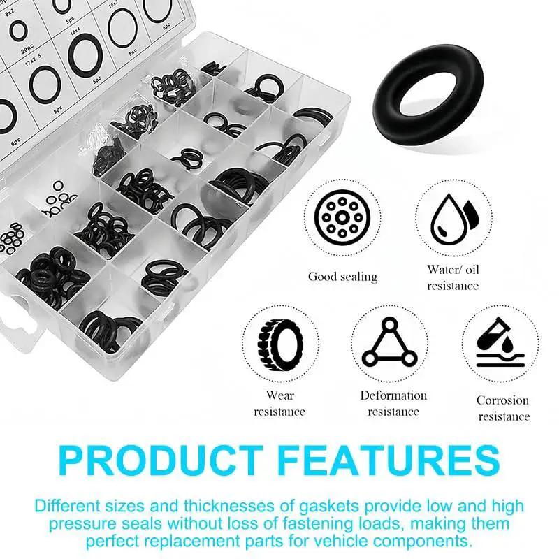 225 Pieces Nitrile Rubber O Ring Kit With 18 Size Assortment for automotive plumbing air gas and water sealing, shown in open case with features icon.