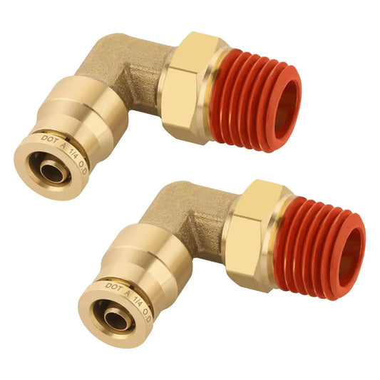 Brass Push To Connect 90 Deg Elbow Fittings 1/4 In OD To NPT DOT Approved 2 Pack, side view of fittings showing red NPT threads