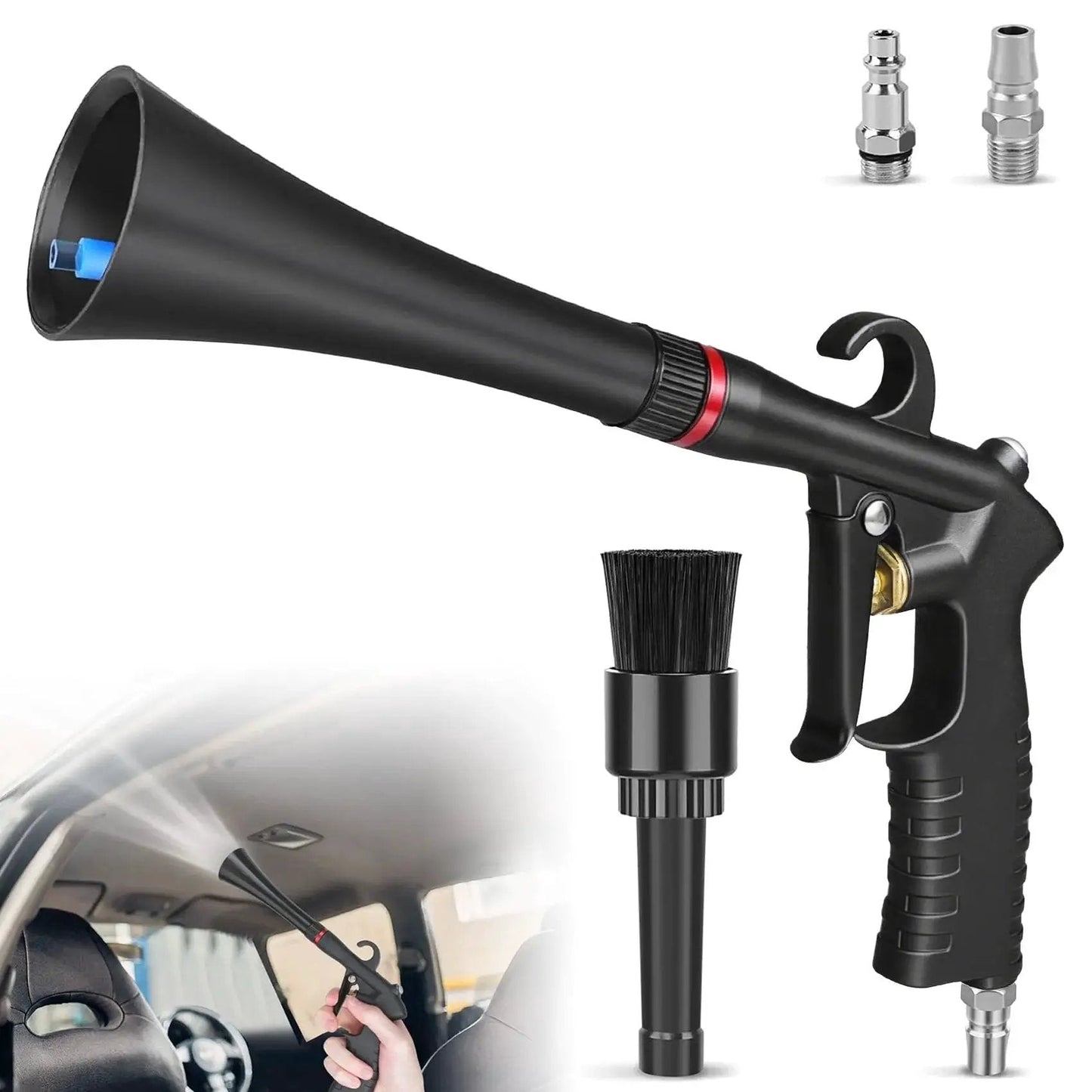 Tornado Car Cleaning Gun With Aluminum Alloy Bearing Nozzle And Two Attachments Plus Detail Brush, shown with air compressor in use