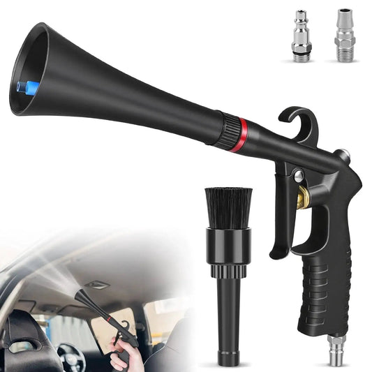 Tornado Car Cleaning Gun With Aluminum Alloy Bearing Nozzle And Two Attachments Plus Detail Brush, shown with air compressor in use