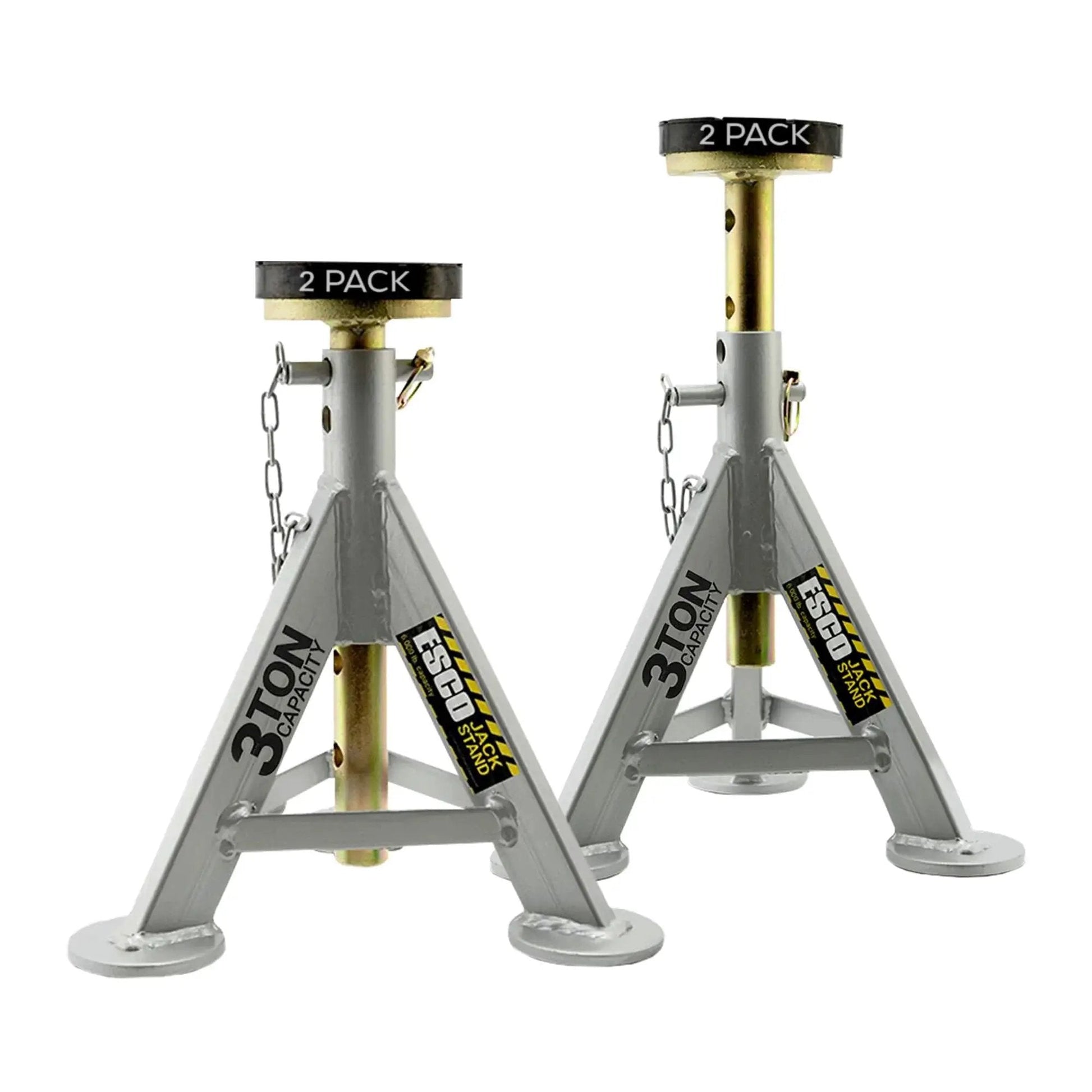 3 Ton Jack Stands Pair With 10 Adjustable Heights And Rust Resistant Post, gray and yellow, front view