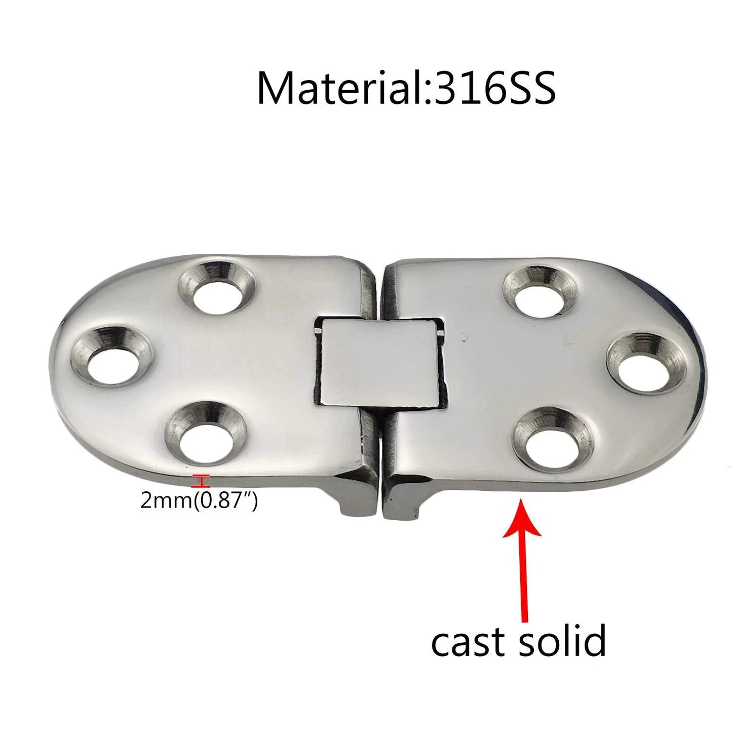 Marine Grade Stainless Steel Door Hinges Built To Last Solid 316 Stainless Mirror Polished Finish Heavy Duty Pair For Boats And RVs 66 Mm By 29 Mm 2.1 Mm Thick Easy To Install, shown in close-up with material label and thickness annotation.