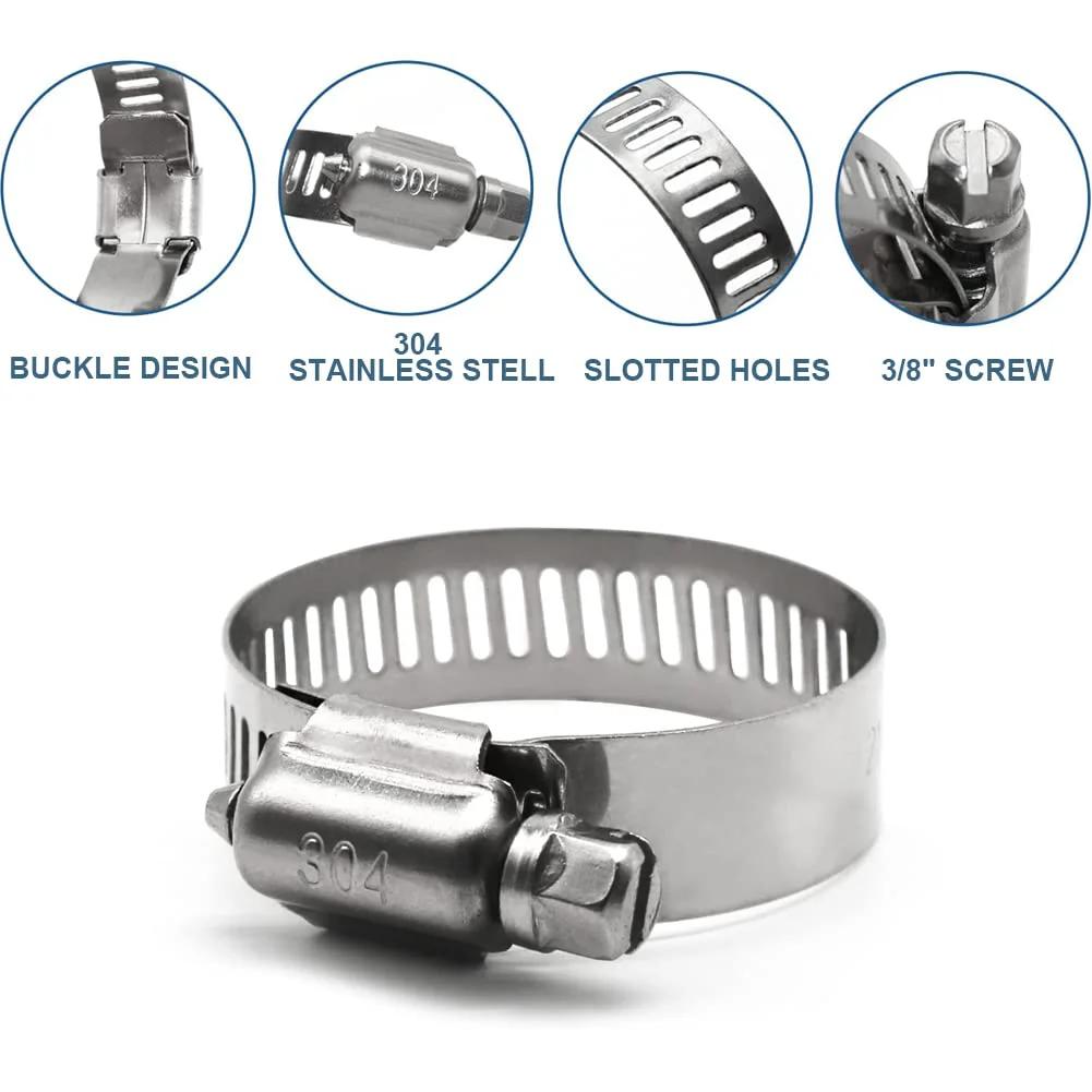 Five Eighths Transmission Hose For Fuel And Oil Systems High Pressure Injection And Cooler Line With Ten Clamps showcasing buckle design, 304 stainless steel, slotted holes, and 3/8 inch screw.