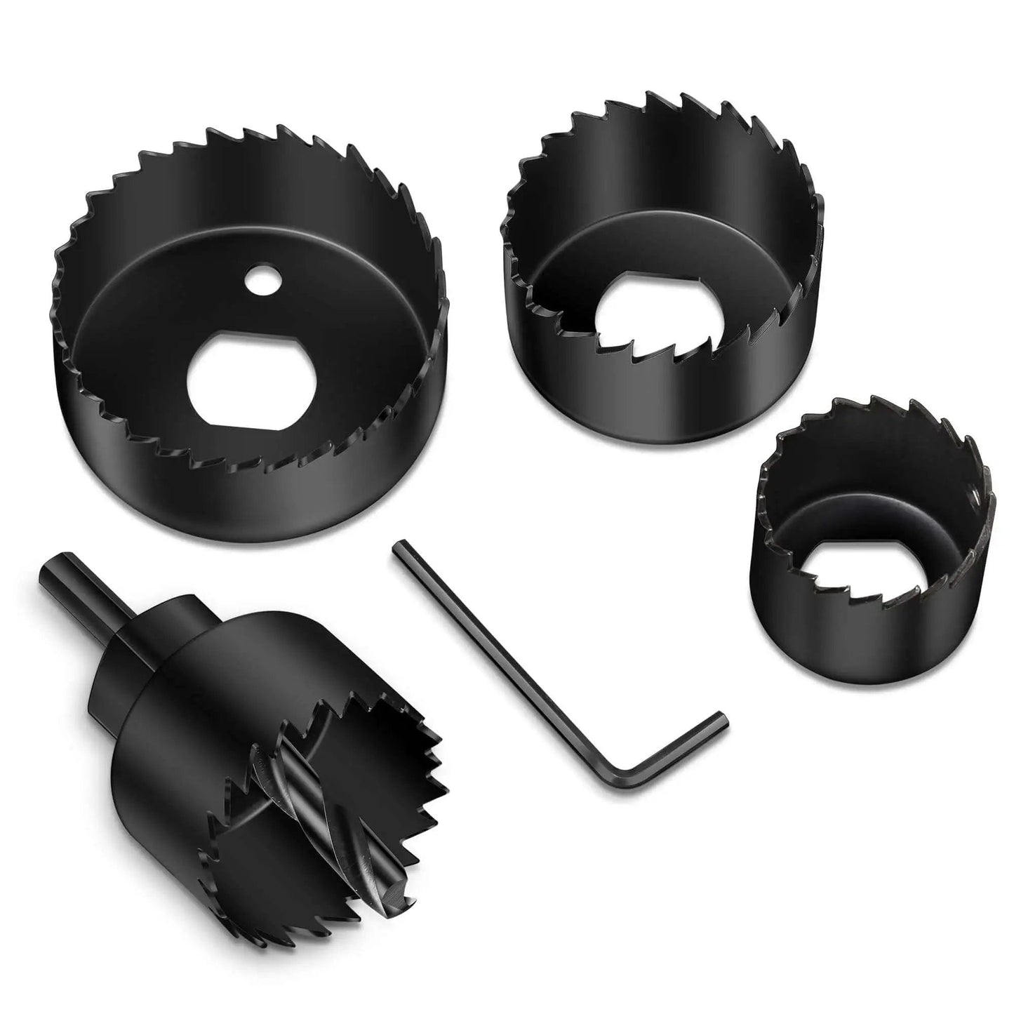 Six Piece Hole Saw Kit With Four Sizes From 1 1/4 Inch To 2 1/8 Inch Includes Mandrels And Hex Key Built From Hardened Carbon Steel