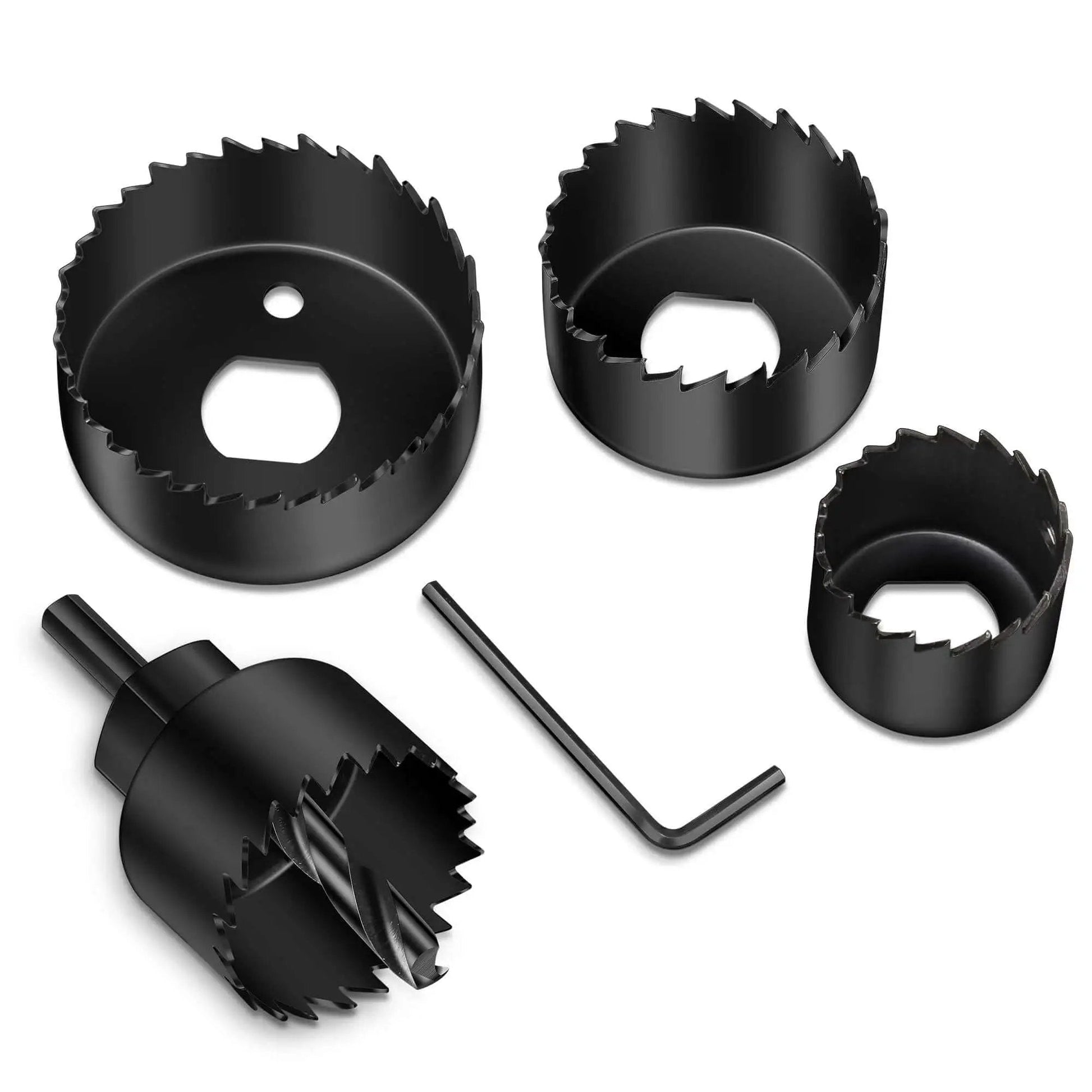 Six Piece Hole Saw Kit With Four Sizes From 1 1/4 Inch To 2 1/8 Inch Includes Mandrels And Hex Key Built From Hardened Carbon Steel