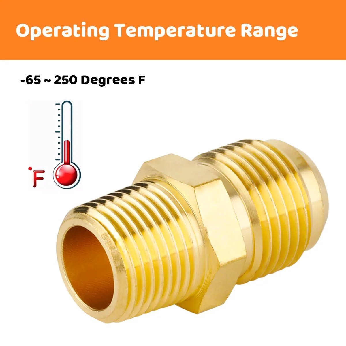 Heavy Duty Two Piece Tube Fitting Half Union Gas Adapter One Half Inch Flare To Three Eighths Inch NPT Male Pipe Coupler Brass Beefy Construction For Durable Corrosion Resistant Connections Besosay, shown with operating temperature range -65 to 250 degrees Fahrenheit