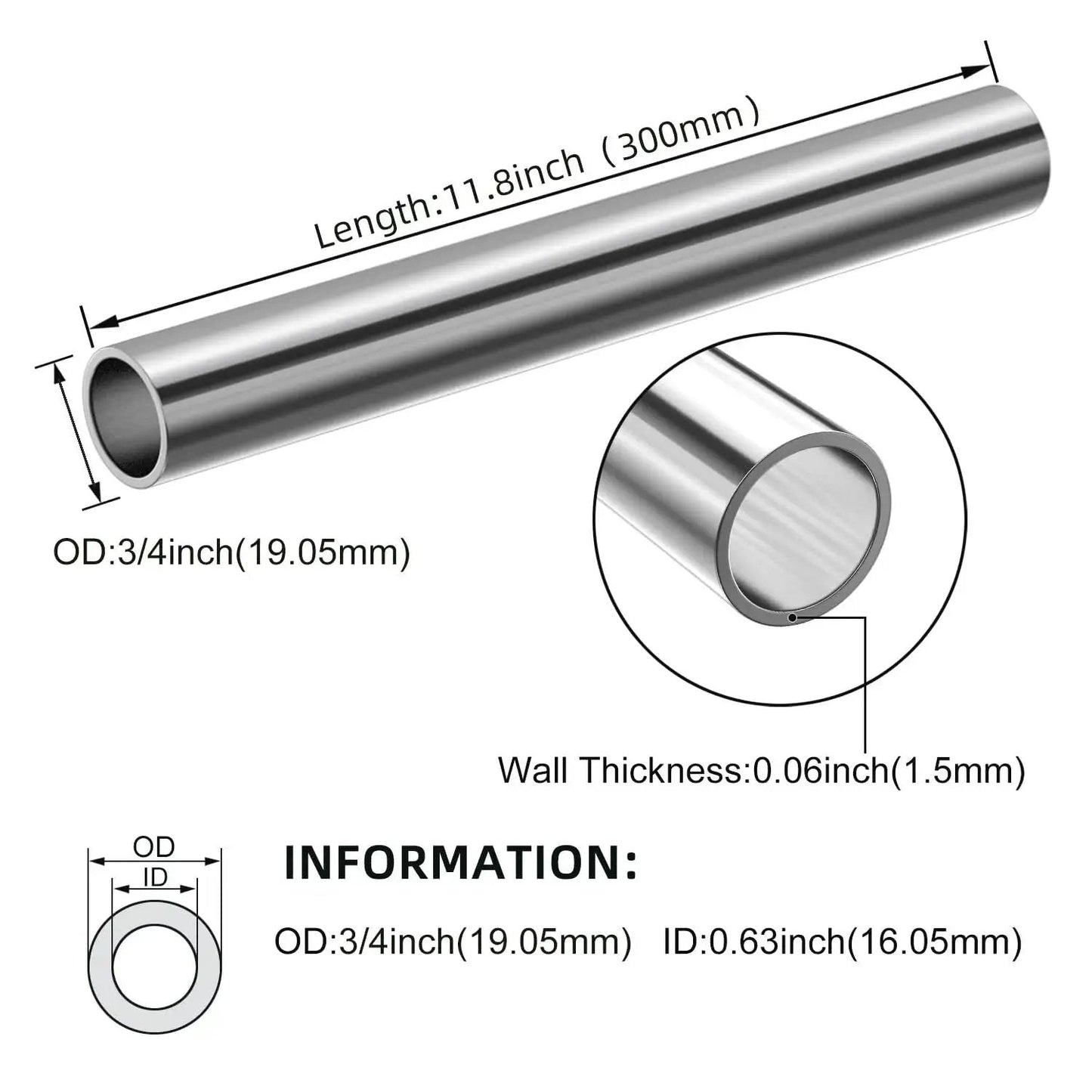 Diagram of Two Pack Stainless Steel Round Tubing 300mm 0.75 Inch OD 304 Seamless Tube Heavy Duty Industrial Grade, showing dimensions.