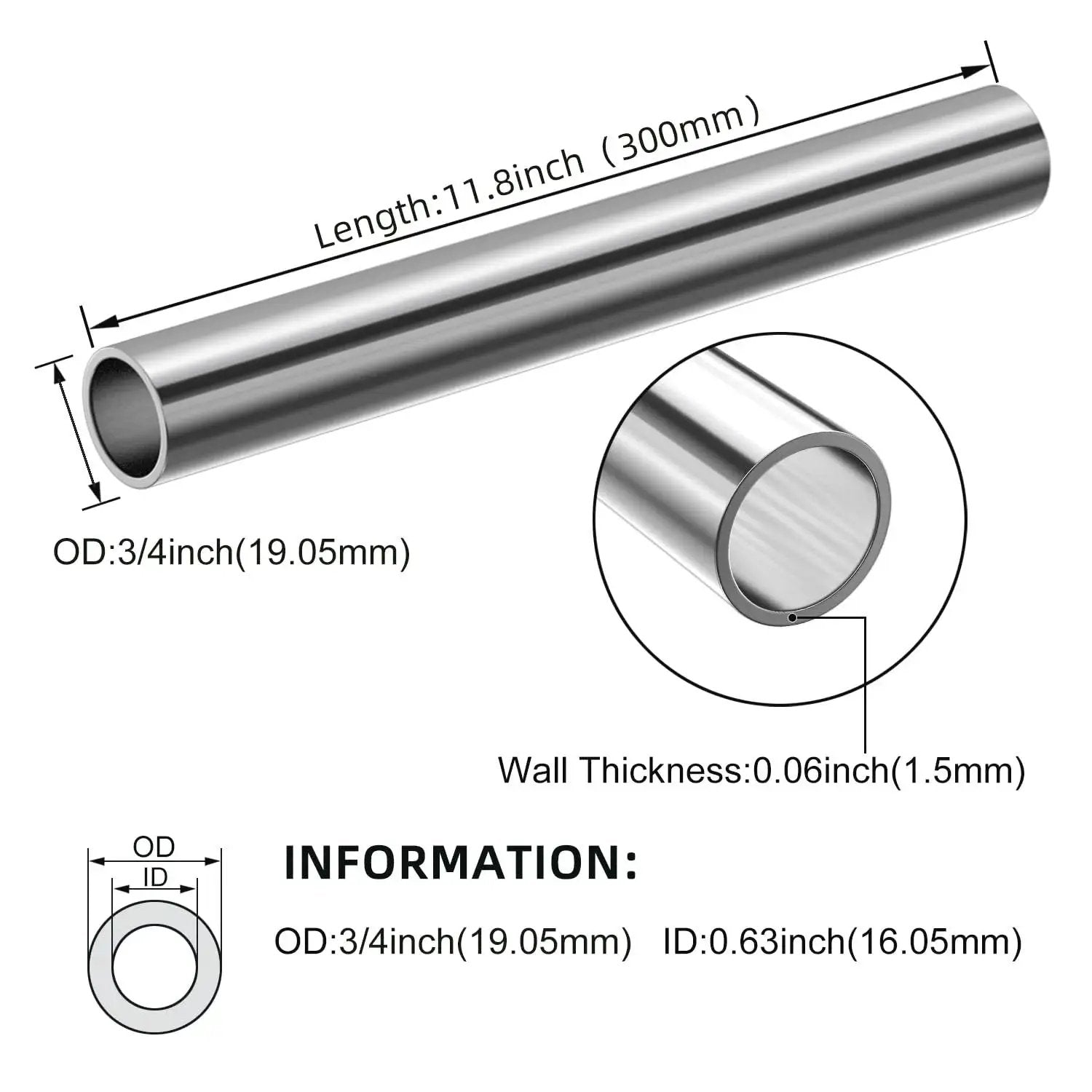 Diagram of Two Pack Stainless Steel Round Tubing 300mm 0.75 Inch OD 304 Seamless Tube Heavy Duty Industrial Grade, showing dimensions.