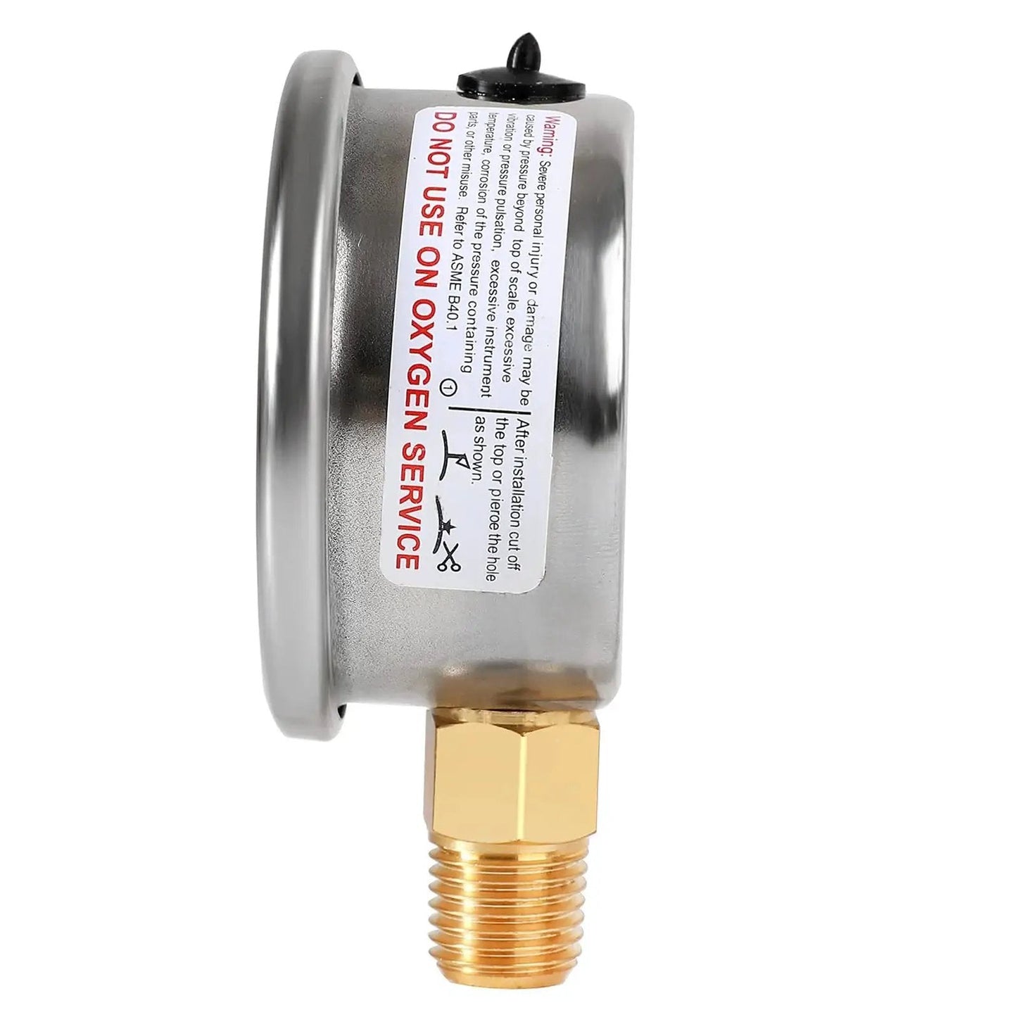 Side view of Liquid Filled Fuel Pressure Gauge With 2 Inch Dial And 304 Stainless Steel Case 0 to 100 Psi Range 2 Percent Accuracy Quarter Inch NPT Center Lower Mount UHARBOUR Durable Mechanical Gauge For Reliable Fuel Line Readings