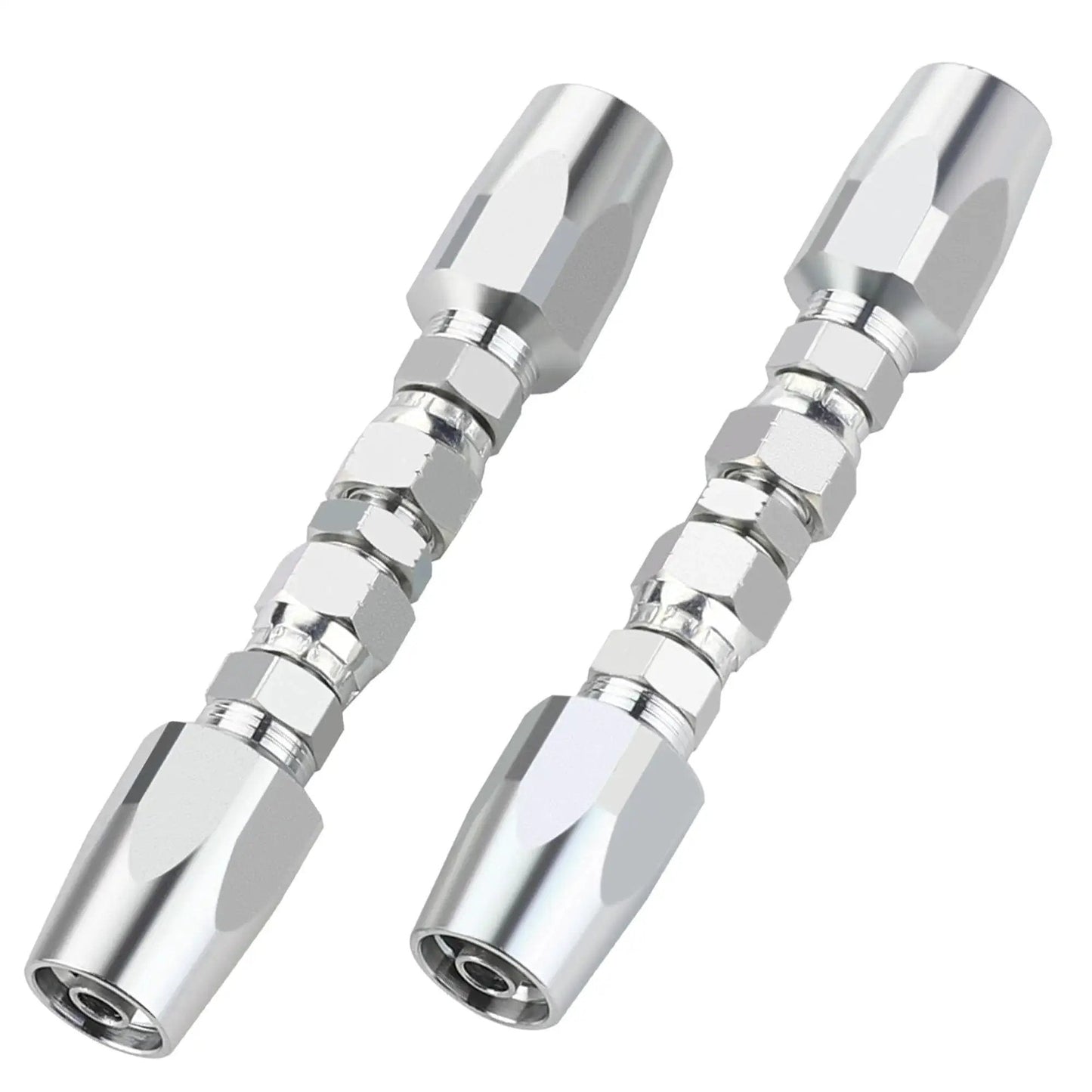 Two Pack Three Eighths Inch Reusable Hydraulic Fittings for Three Eighths Inch Inner Diameter Single Wire Hydraulic Hose Repair Kit, shown front view.
