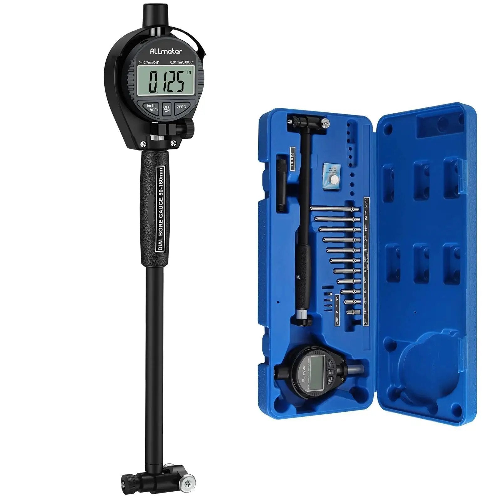 Digital Bore Gauge Kit Pro Grade 50 To 160 Millimeters 0.01 Millimeters Precision Internal Diameter Measuring Tool With 12 Interchangeable Probes And Extension Rods For Engine Cylinders Hydraulic Systems And Deep Holes with digital display and storage case