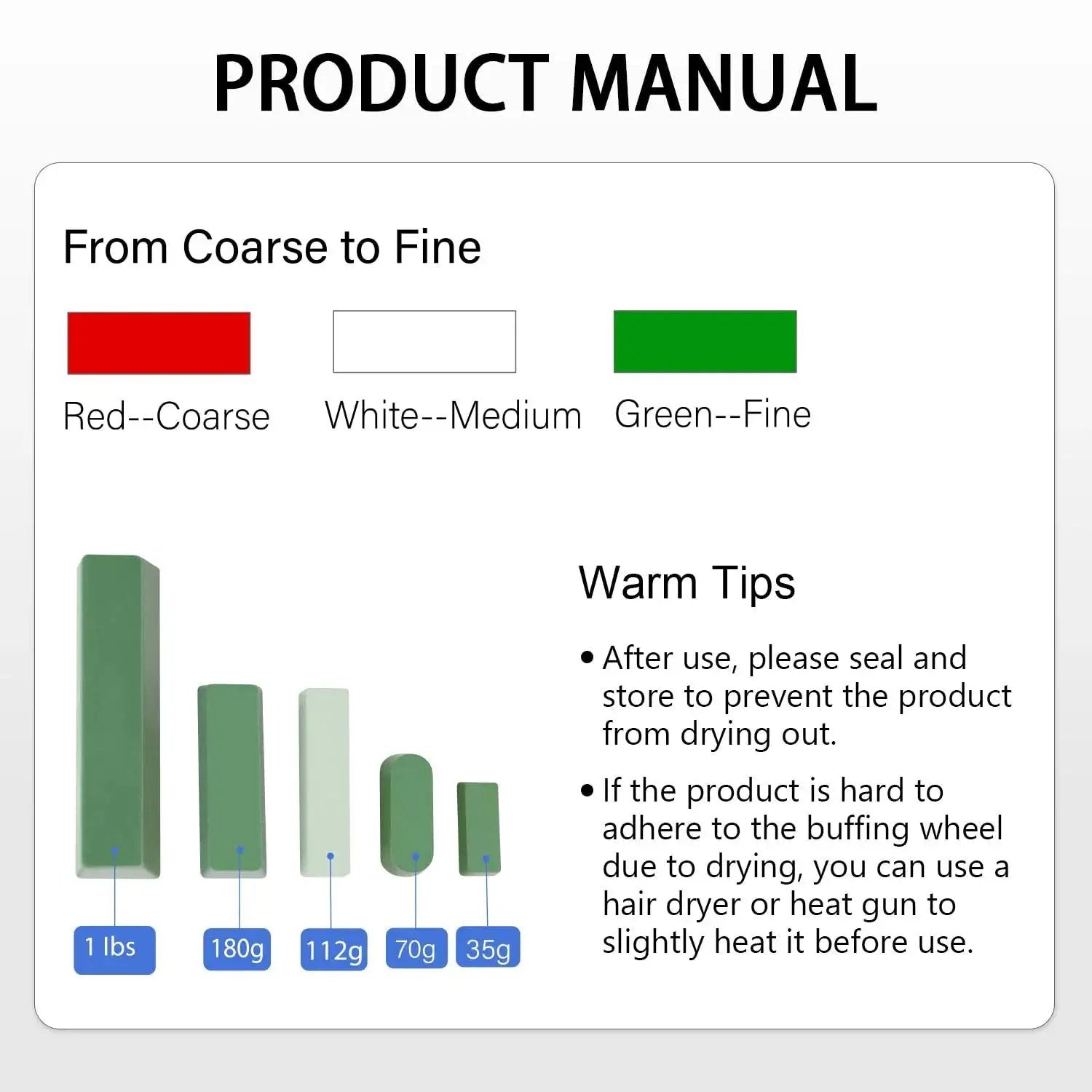 Buffing Polishing Compounds Kit 4 Oz Green Fine White Medium Red Coarse 3 Pack, product manual with color and weight details