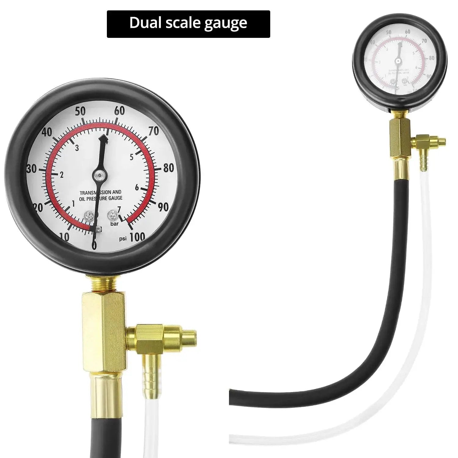 Universal Fuel Pressure Test Kit With Dual Gauge 0 To 7 Bar 0 To 100 PSI showing dual-scale gauge and brass fittings
