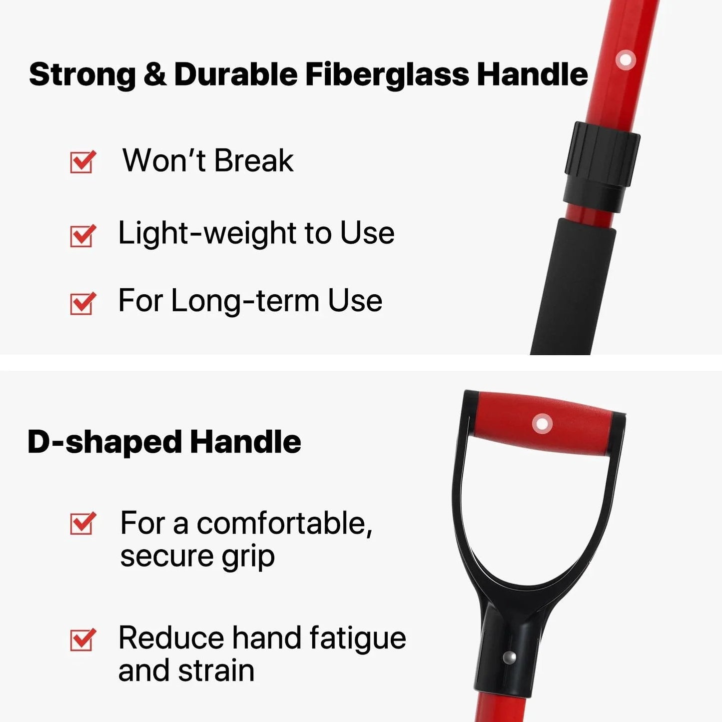 Close-up of red fiberglass handle and D-shaped grip of Wide 10 Tine Garden Pitch Fork With Carbon Steel Tines And Fiberglass Handle 44 Inch Red Heavy Duty Pitch Fork For Mulching Compost Manure Chicken Coops Gardens And Farm Cleanup, highlighting durability and comfort features.