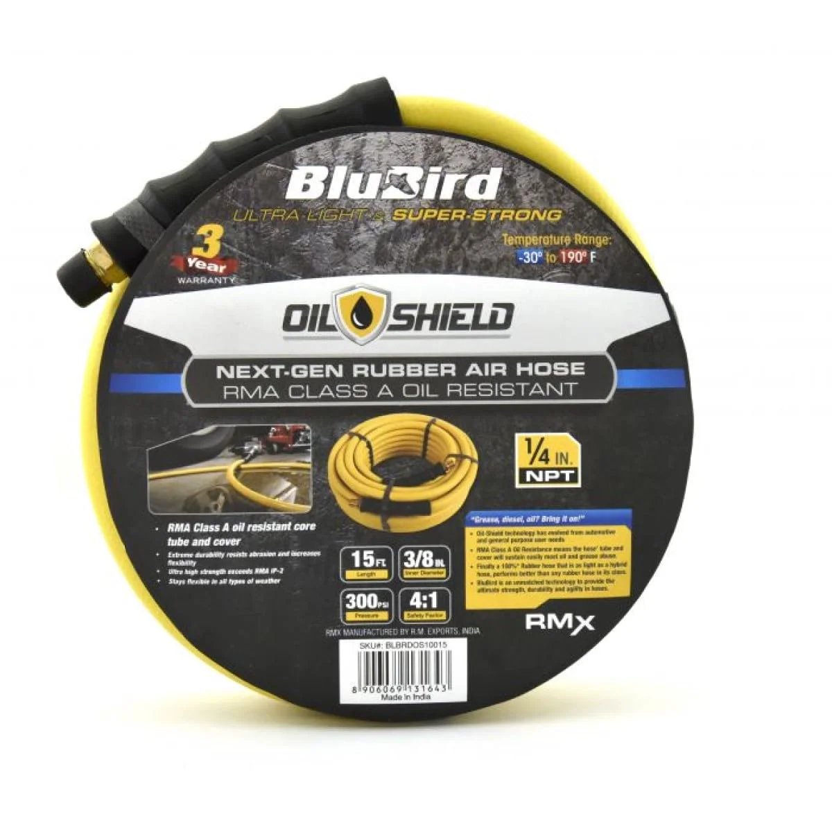 Next Gen Oil Resistant Air Hose Three Eighths Inch By Fifteen Feet With RMA Class A Nitrile Core And Cover coiled packaging