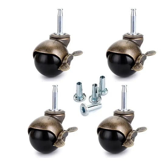 Set of four 2 inch ball casters with grip neck stem and brake sockets for furniture, vintage swivel wheels, heavy duty plastic and steel construction.