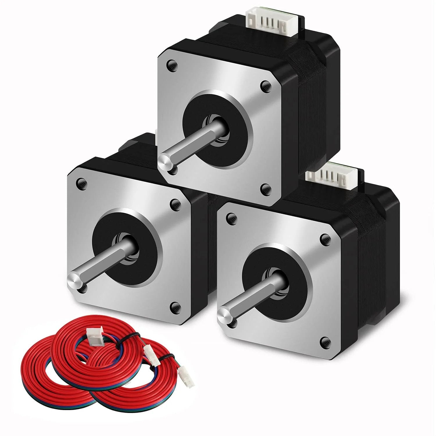 Nema 17 Stepper Motor For 3D Printers Pack Of 3 with cables, front view showing 42x34mm size and 2-phase 4 wires