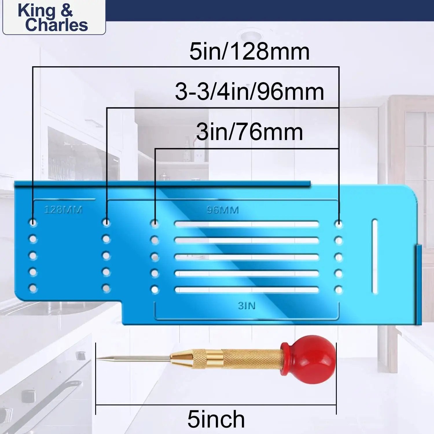 Cabinet Hardware Template With Center Punch Kit featuring dimensions, alignment tool for installing handles, knobs, and pulls on drawers