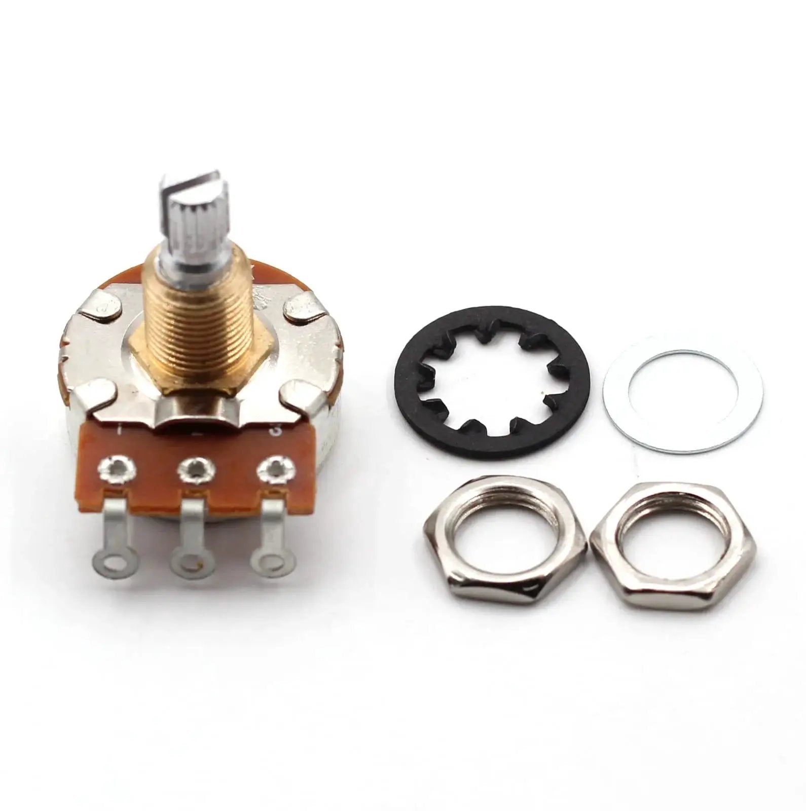 Four Pack Of 500K Short Split Shaft Audio Taper Potentiometers For Guitars With Low Friction Rotation And Three Eighths Inch Imperial Bushings Includes Hardware With 2 Nuts Dress Washer And Lock Washer Bourns