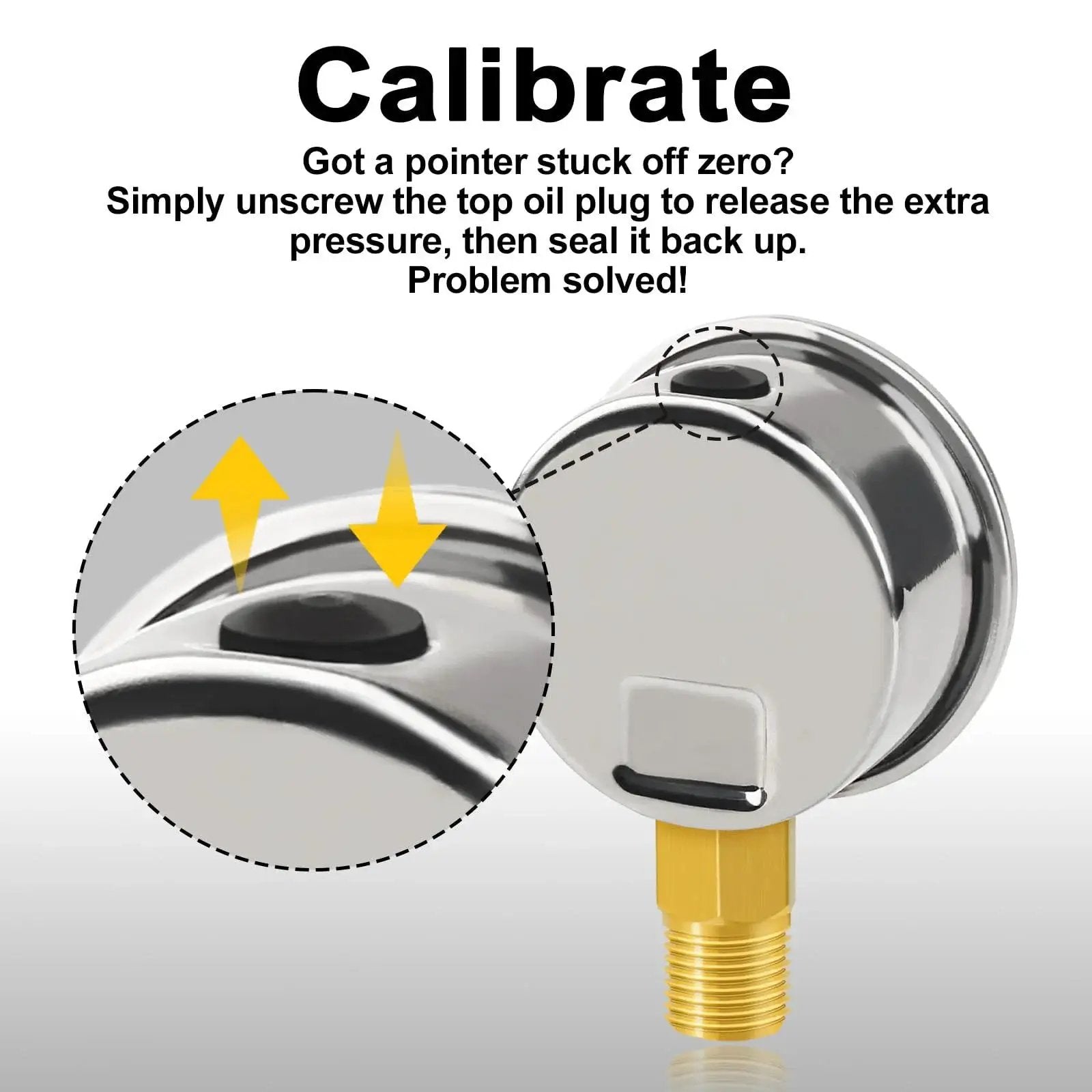 Close-up of Heavy Duty Water Pressure Gauge 0-200 Psi 2 Inch Waterproof Liquid Filled Stainless Steel Lower Mount with calibration instructions.