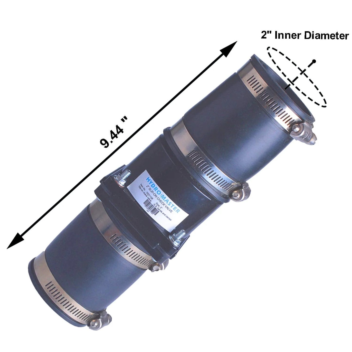 2 Inch Slip On Sump Pump Check Valve With ABS Body EPDM Ends And Stainless Steel Clamps For Quiet Corrosion Resistant Performance In Most Sump Pumps Vertical Or Horizontal Install, shown with measurements.