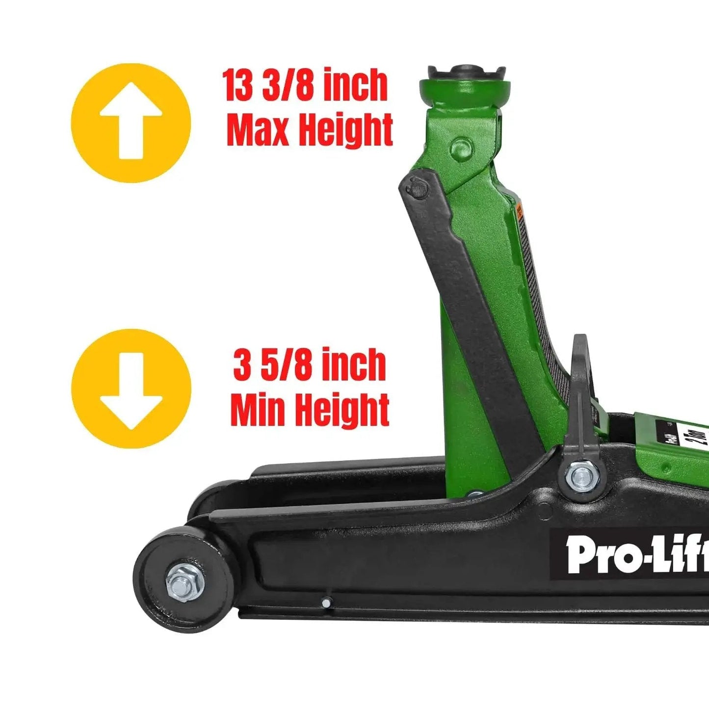 Side view of 2 Ton Floor Jack Hydraulic Trolley Lift for Home Garage Shop 4000 Lbs Capacity with lift range indicators.