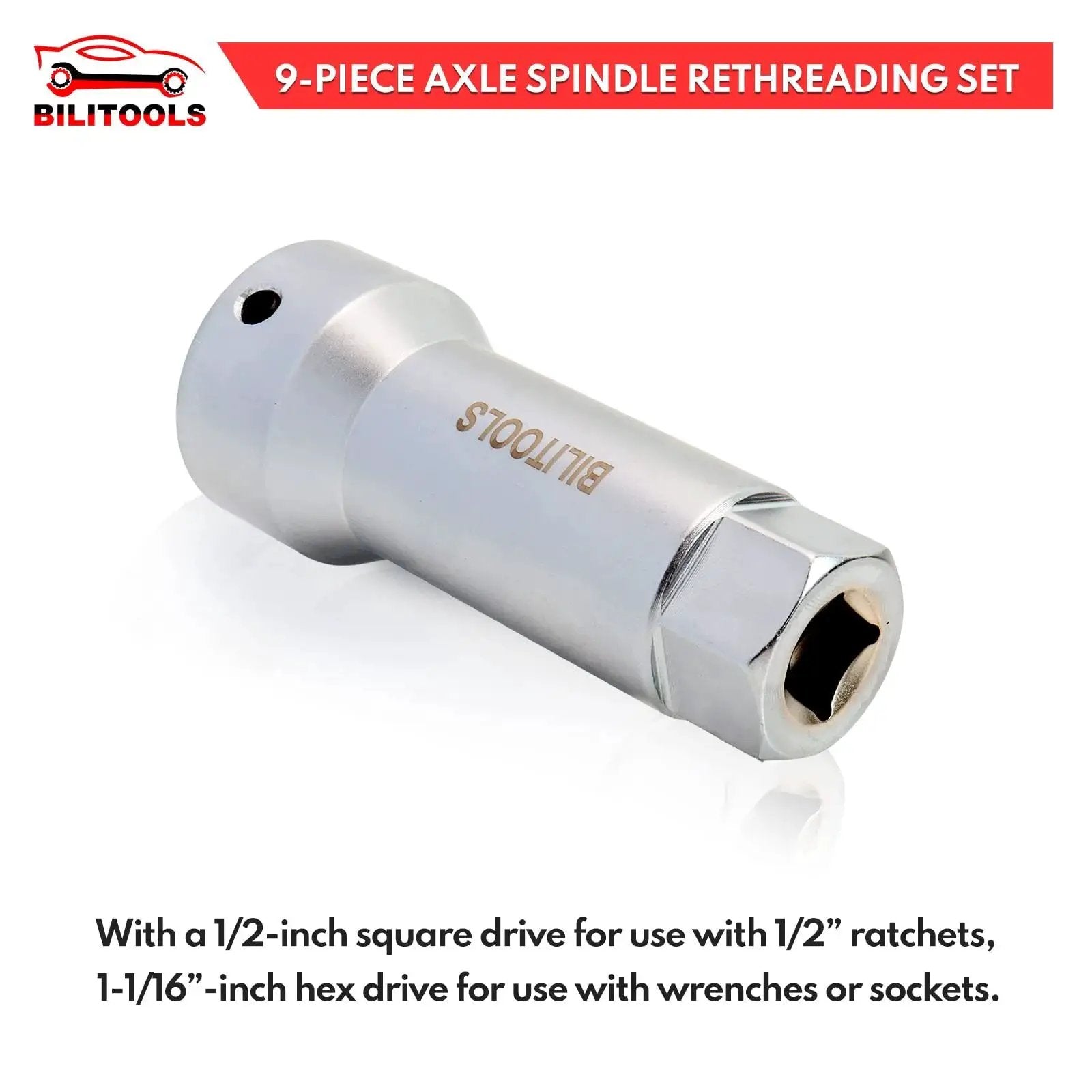 Axle Spindle Thread Repair Kit With 10-Piece Wheel Stud Thread Chaser Set For Metric M20 M22 M24 And UNF 13/16 And 3/4 Sizes Includes 27mm Extension Bar Restores Damaged Rusted Or Crossed Threads On Axles And Hubs By BILITOOLS.
