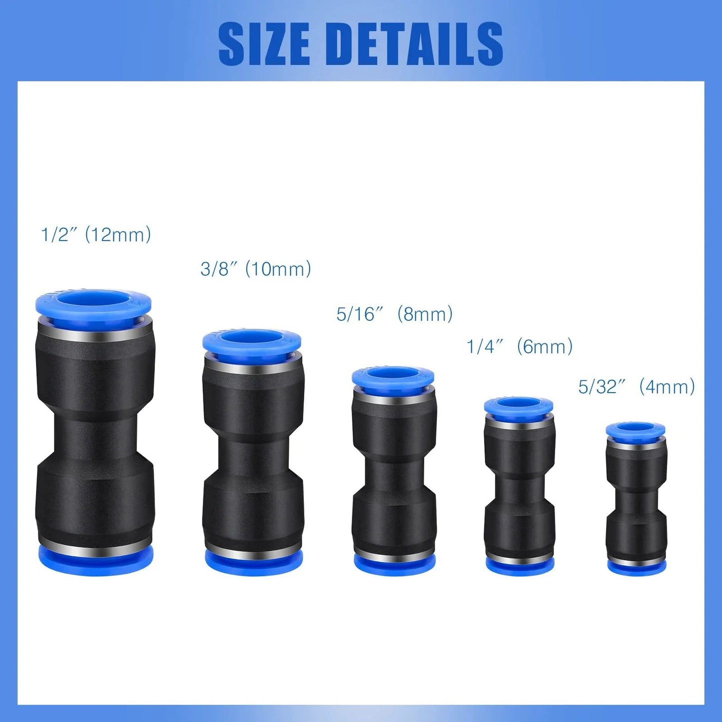 Push To Connect Air Hose Fittings Kit 100 Pieces Straight Pneumatic Quick Release Connectors For 4, 6, 8, 10, 12 Mm Tubing