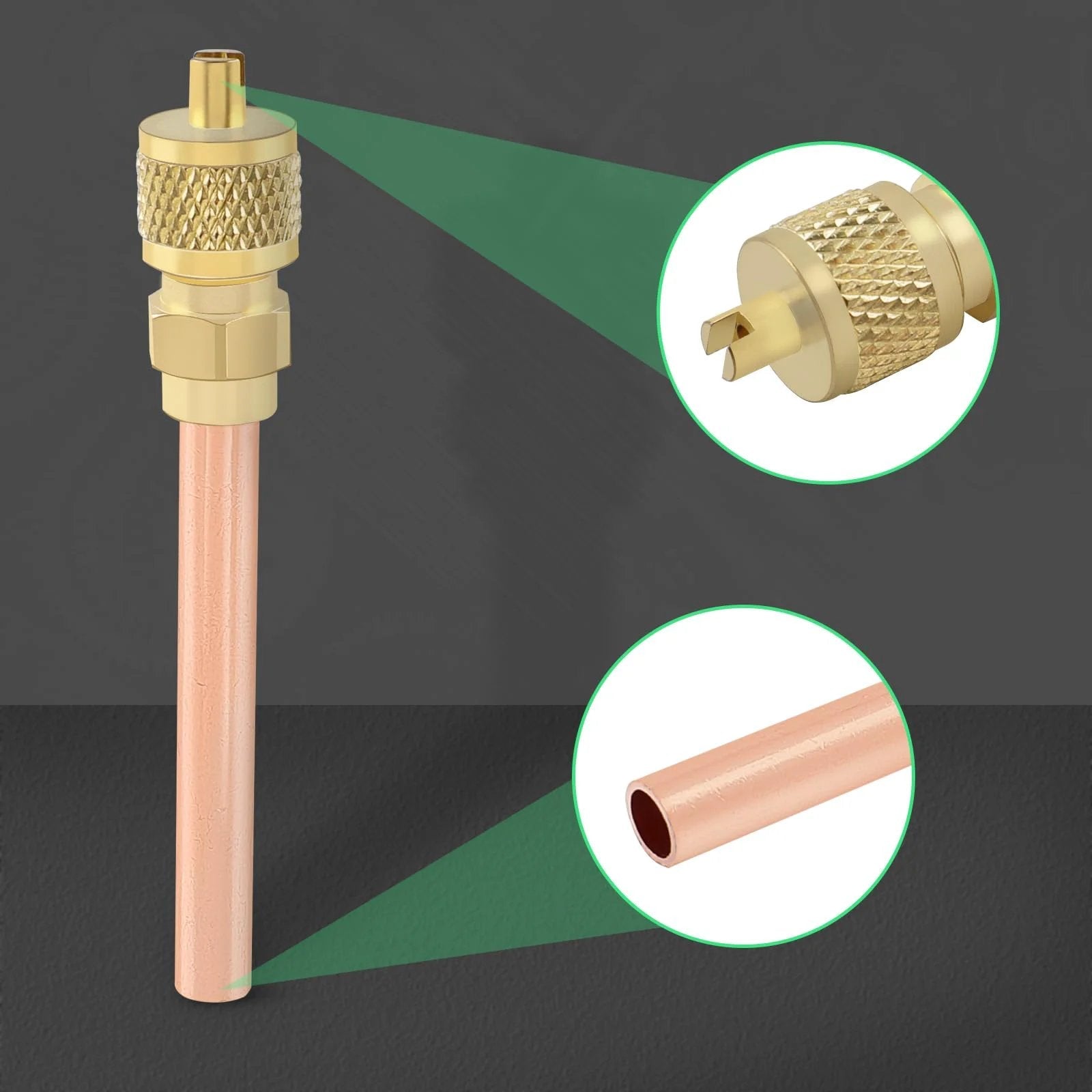 Close-up view of Schrader System Vacuum Service Valves Kit For HVAC AC Ten Piece One Quarter Inch SAE To One Quarter Inch OD