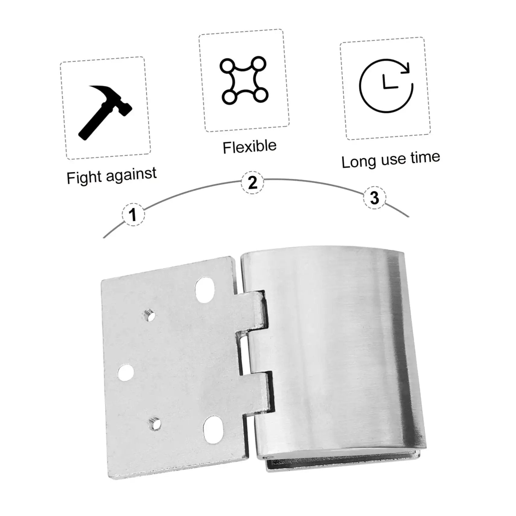 Arc Hinge Set For Glass Doors And Cabinets Made From Zinc Alloy Heavy Duty Hardware Two Piece Rust Resistant High Load Bearing Capacity For Repairs And Installations Ideal For Displays And Furniture By Popetpop, showing a silver hinge with icons for flexibility, durability, and long use time.