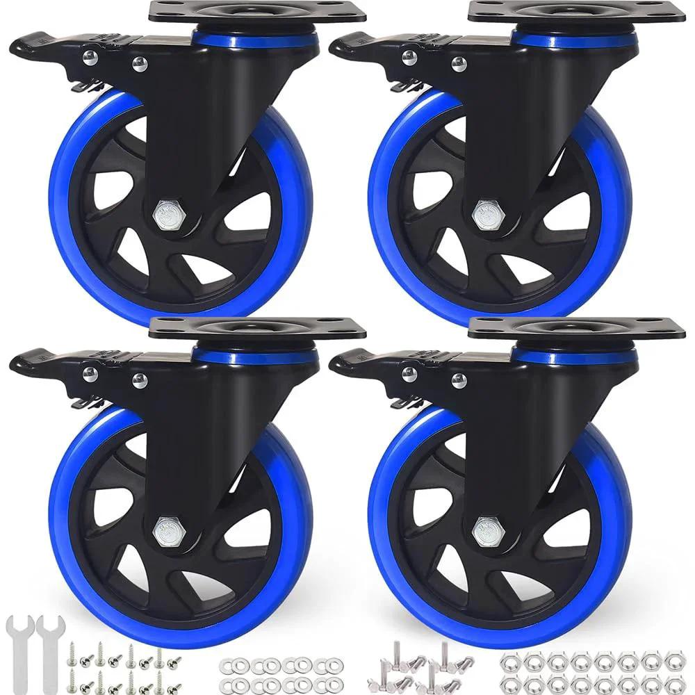 Set of 4 heavy duty 5 inch caster wheels with dual locking brakes and hardware kits, showing polyurethane foam wheels and premium steel construction.