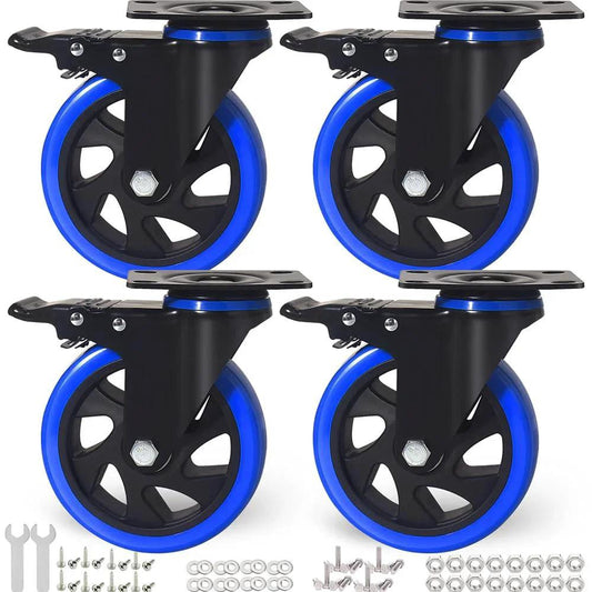 Set of 4 heavy duty 5 inch caster wheels with dual locking brakes and hardware kits, showing polyurethane foam wheels and premium steel construction.
