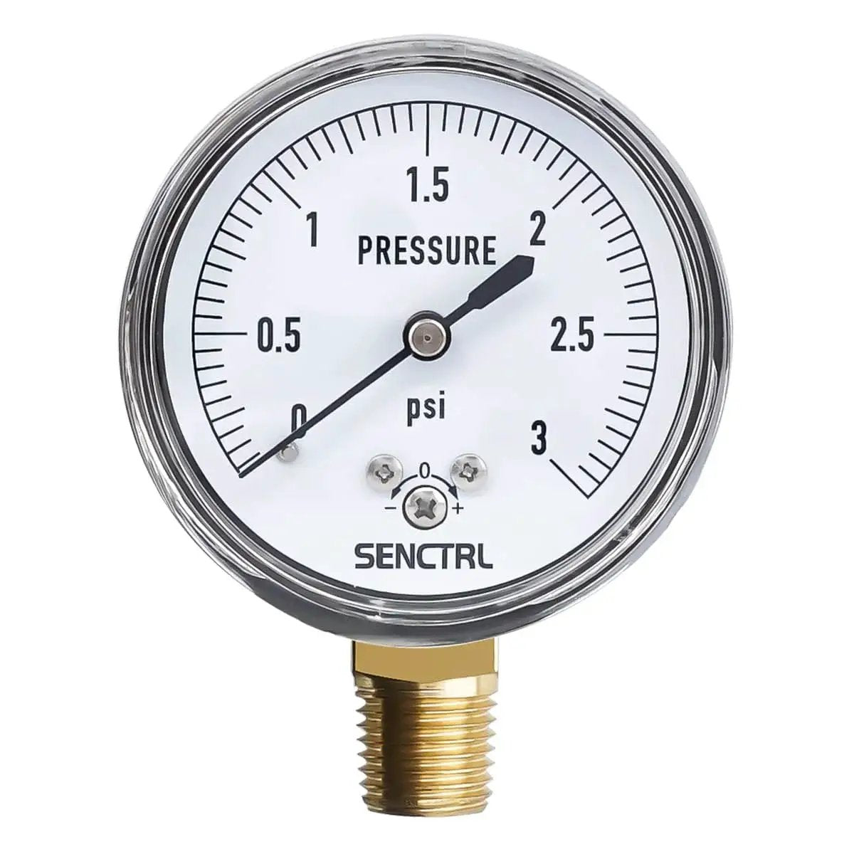 Front view of Low Pressure Capsule Gauge 0 to 3 Psi for Air Water and Gas Testing, Two And A Half Inch Dial, Quarter Inch NPT Lower Mount