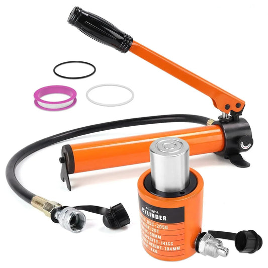 20 Ton Hydraulic Porta Power Kit With Manual Pump 2 Inch Stroke Orange, showing pump handle, cylinder, and hose on white background