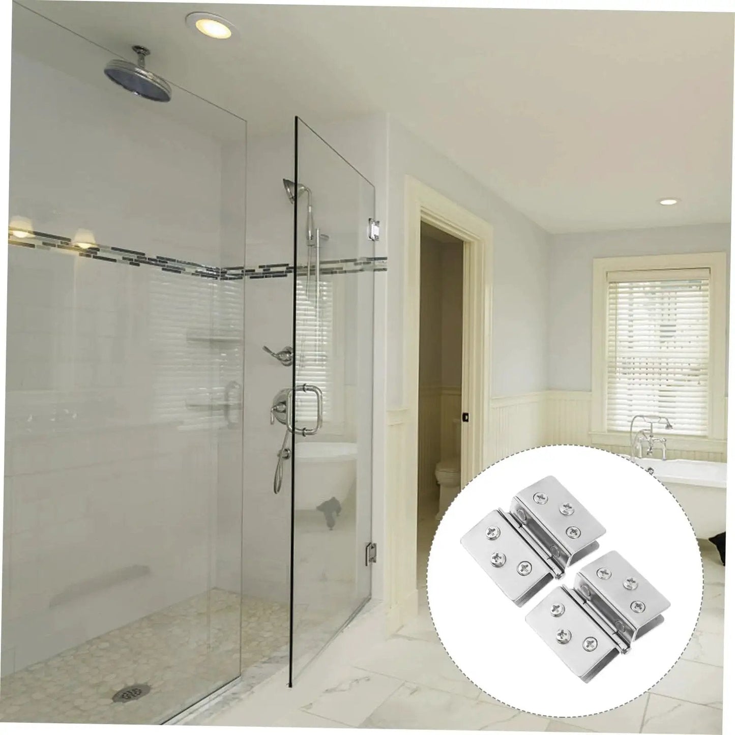 Double Sided Stainless Steel Glass Door Hinges For Display Cabinets Heavy Duty Load Bearing Easy To Install shown in a bathroom setting