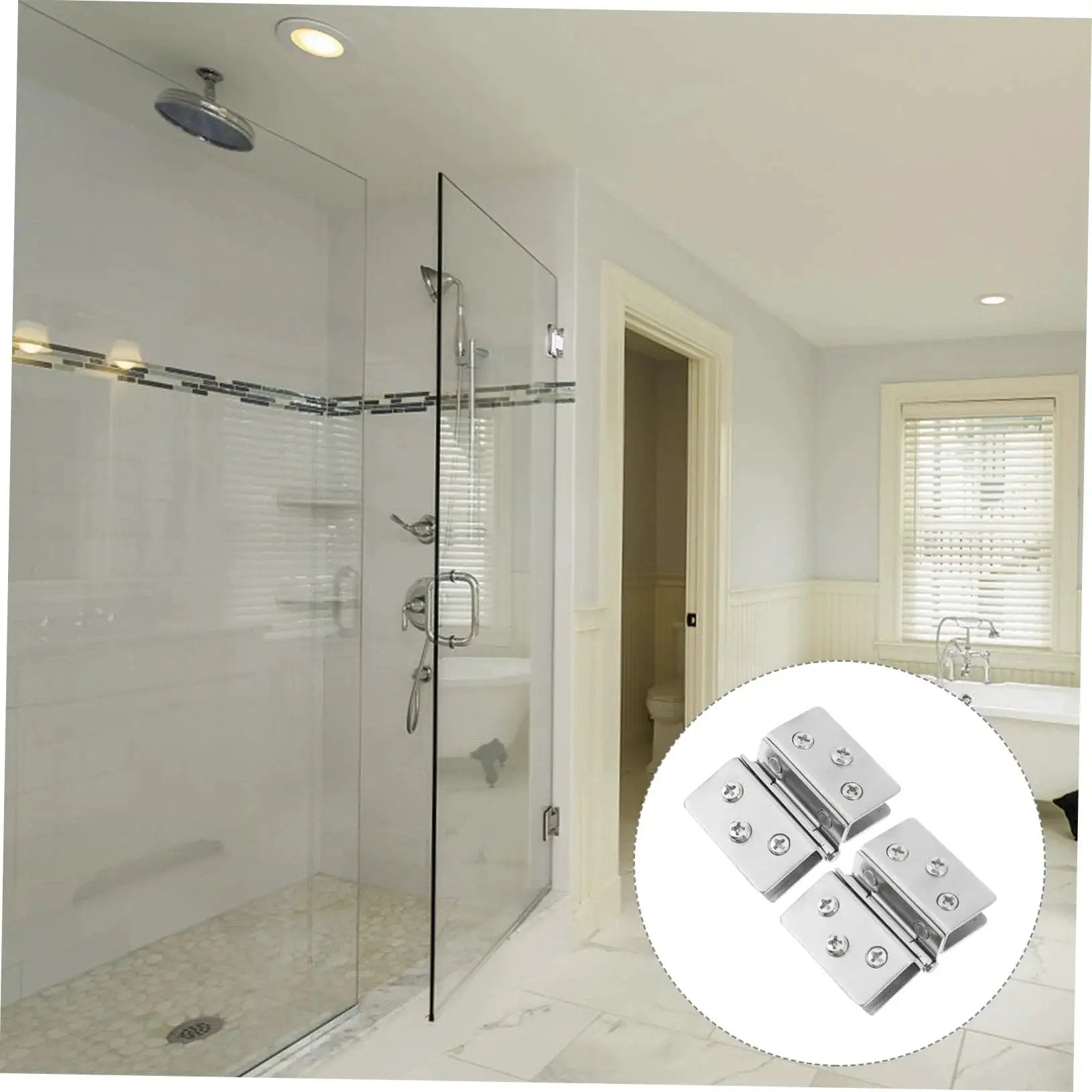 Double Sided Stainless Steel Glass Door Hinges For Display Cabinets Heavy Duty Load Bearing Easy To Install shown in a bathroom setting