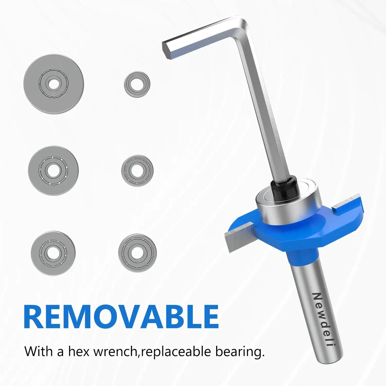 Rabbet Router Bit Set With One Quarter Inch Shank Includes Four Cutting Heights And Six Interchangeable Bearings For Depths In Easy To Use Woodworking Kit Built With YG8 Carbide Blade For Precise Rabeting And Biscuit Slot Cutting, showing bearings with hex wrench.