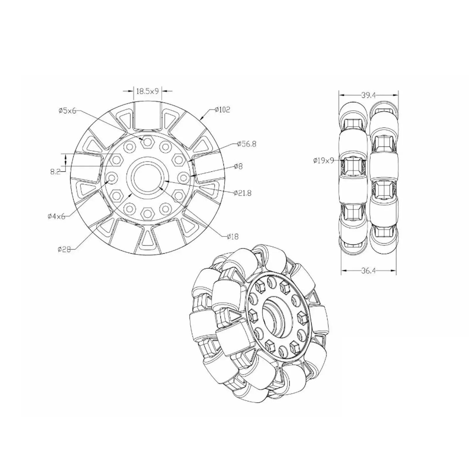 Technical drawings of Omni Directional Robot Wheel 100mm With Center Bearing for Robot Cars and DIY Projects, showcasing 360-degree rotation design.